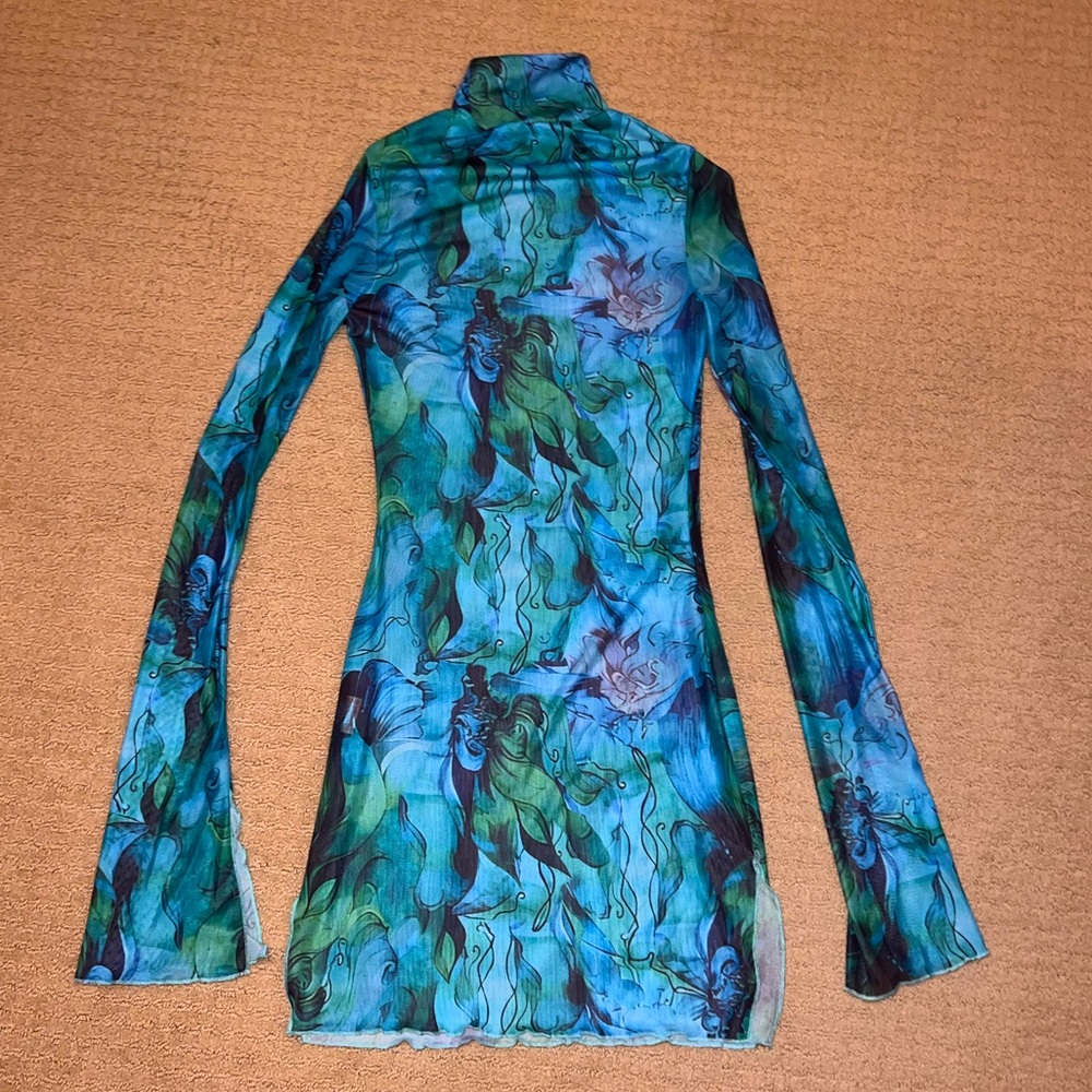 Blue purple green swirl peacock colour mesh mini dress